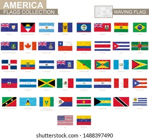 American waving flag collection. Vector illustration.