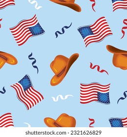 American waving flag and cowboy hat on blue background pattern vector graphic. American flag Pattern. 4th of july seamless pattern. American independence day seamless pattern.