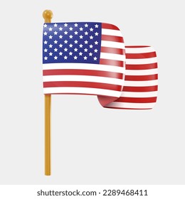American waving flag. Festive art object for usa independence day. National celebration design element. Bright vector 3d cartoon illustration in minimal realistic style.
