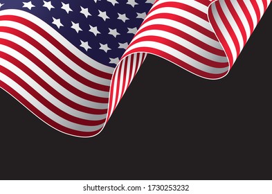 American waving flag on the black background. Vector illustration for American national holiday 4th of July. Independence day American flag. 