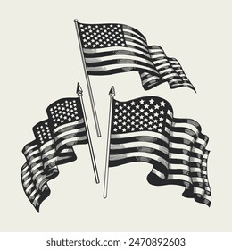 American Waving Flag Set Vintage Hand Drawn Illustration