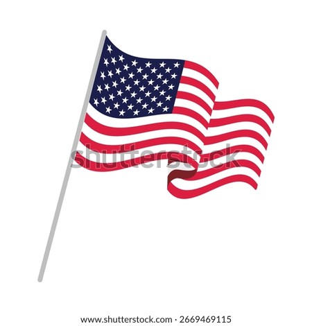 American waving flag vector icon, national symbol, red, white and blue with stars