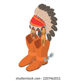 American west icon isometric vector. Leather cowboy boot and indian headdress. Traditional headwear and footwear