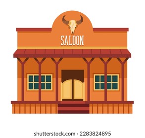 American western architecture building, isolated saloon with animal skull on exterior. Facade of building with porch and entrance. Bar or pub for drinking and entertaining. Vector in flat style