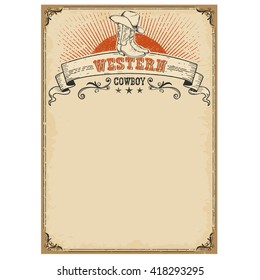 American western background with boots and cowboy hat symbol on old paper texture for text