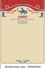 American western cowboy rodeo background.Vector poster for text or design.Cowboy riding wild horse