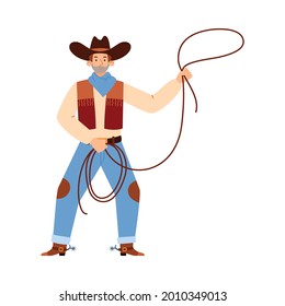 American western cowboy or texas ranger throwing lasso noose, flat vector illustration isolated on white background. Wild West cowboy and wrangler, cowpuncher.