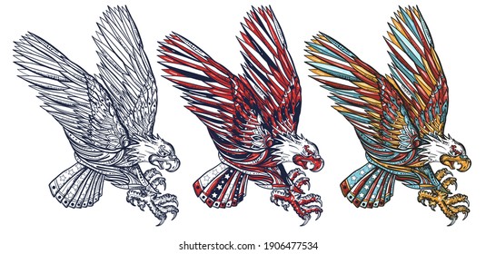 American white eagle. USA bird. Old school tattoo vector art. Hand drawn cartoon character set. Isolated on white. Traditional tattooing style 