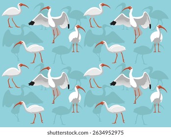 American White Ibis Bird Cartoon Character Green Seamless Wallpaper Background