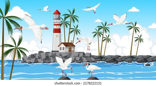 American white ibis group at the coast illustration