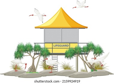 American white ibis group at lifeguard tower illustration