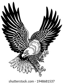 American Whitehead Bald Eagle In The Flight. Landing Attacking Prey Bird.  Tattoo Style Black And White Vector Illustration