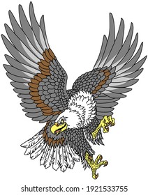  American whitehead bald eagle. Landing attacking prey bird.  Tattoo style vector illustration