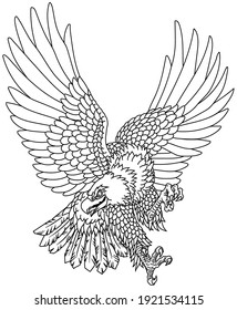  American whitehead bald eagle. Landing attacking prey bird.  Tattoo style outline vector illustration