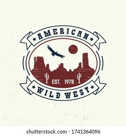 American wild west badge, t-shirt. Vector illustration. Concept for shirt, logo, print, stamp, tee with condor and canyon. Vintage typography design with wild west and american canyon silhouette.