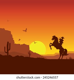 American Wild West Desert With Cowboy On Horse.Vector Sunset Landscape