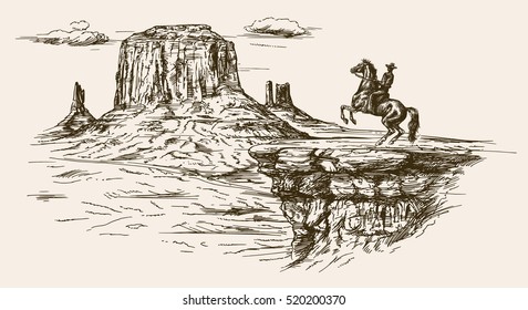 American wild west desert with cowboy - hand drawn illustration