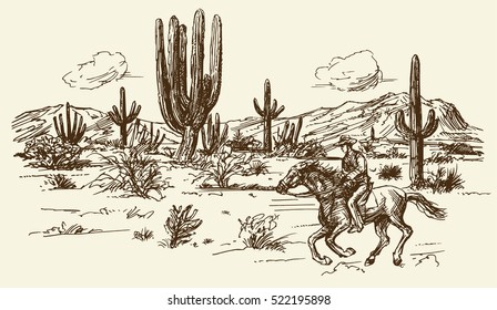 American wild west desert with cowboy - hand drawn illustration
