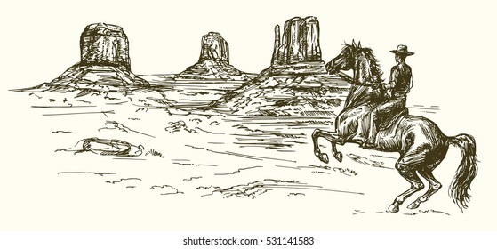 American wild west desert with cowboy - hand drawn illustration