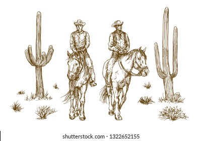 American wild west desert with cowboys, hand drawn illustration