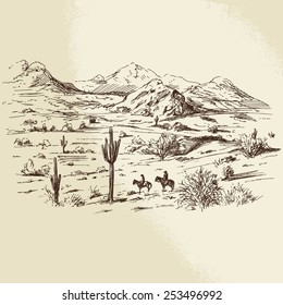 American Wild West Desert With Cowboys - Hand Drawn Illustration