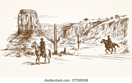 American wild west desert with cowboys - hand drawn illustration