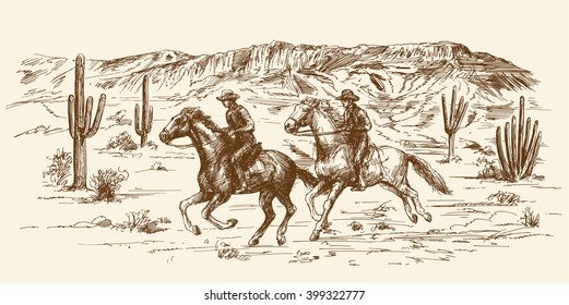 American wild west desert with cowboys - hand drawn illustration