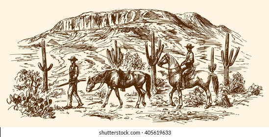 American wild west desert with cowboys. Hand drawn illustration