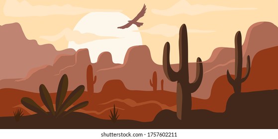 American wild west desert, hot prairie landscape background nature banner cartoon vector illustration. Concept lifeless wilderness, eagle flies in sky. Cactus opuntia live plant, bright sun.