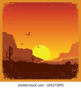 American wild west desert on old paper texture.Vector sunset landscape