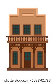 American wild west house or building with brick and wooden elements in facade and exterior. Isolated home with entrance and balcony, architecture tradition of city or village. Vector in flat style