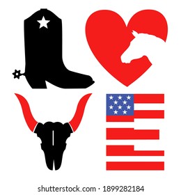 American Wild West traditional symbols. Love Cowboy vector graphic printable symbol text with cowboy boot and Wild West objects. Country Love illustration isolated on white.