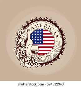 American wines, round label, patch, with wine bottle and grape vines, vector illustration