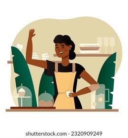 American woman in apron holding cup of drink and talking with customer. Experienced coffee shop worker serving clients. Coffee drinks sale concept. Vector flat illustration in cartoon style