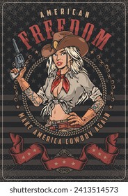 American woman cowboy colorful vintage poster with revolver looks at screen standing near patriotic flag and retro scenery vector illustration