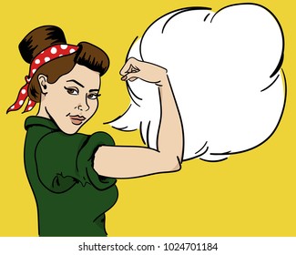 American woman. Housewife. Girl with a bandage on her head. The girl shows her biceps. Strong woman. Pop art, pin up, comics. Retro style, vintage illustration. Space for text. Cloud with text.