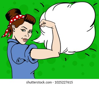 American woman. Housewife. Girl with a bandage on her head. The girl shows her biceps. Strong woman. Pop art, pin up, comics. Retro style, vintage illustration. Space for text. Cloud with text. Bubble