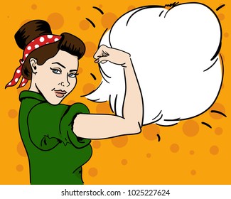 American woman. Housewife. Girl with a bandage on her head. The girl shows her biceps. Strong woman. Pop art, pin up, comics. Retro style, vintage illustration. Space for text. Cloud with text. Bubble