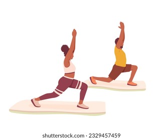 American woman and male doing yoga. Concept of healthy and active lifestyle. Boosting confidence with sports and workouts. Regular physical activity. Vector flat illustration