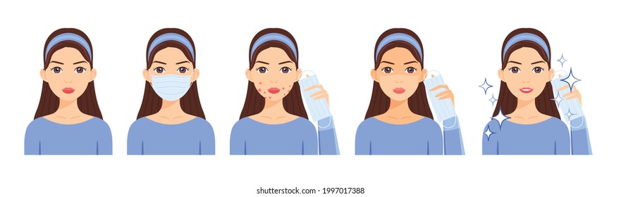 American Woman in Medical Mask on Face. Protection against contamination. Cartoon Girl is wearing mask. Problem with the Skin. Acne,Tan. Mask in hand. Illustration for beauty, medical design. Vector.