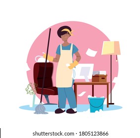 American woman in service cleaning vector illustration desing