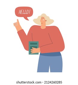 american woman speaking hello character