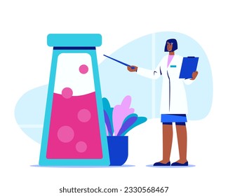 American woman standing near big flask and teaching in laboratory. Production of substances in laboratory. Studying results of research concept. Flat vector illustration in blue colors