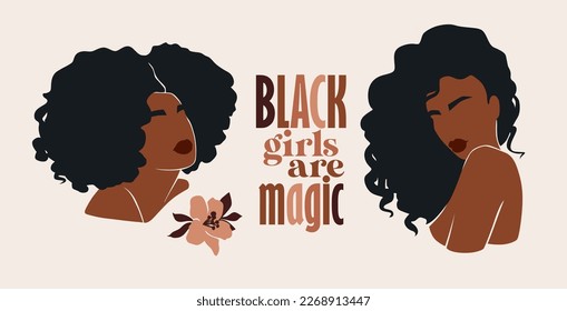 American Women Vector Illustration Portrait. Beautiful Girl Dark Skin. Curly Hair. Black Girls are Magic Quote.