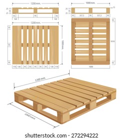 American wooden pallet in perspective, front and side view with dimensions.
