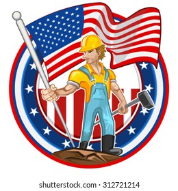 American Worker Labor day Man Holding America Flag & Hammer
