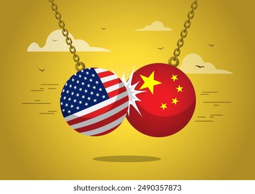 American wrecking ball smashes China. Representing the tense relation between American and China. due the Trade War.