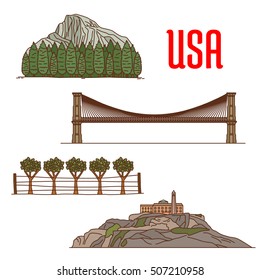 American Yosemite National Park, Napa Valley Viticultural Area, Brooklyn Bridge, Alcatraz Island. US natural and architecture landmarks icons for travel and vacation design elements