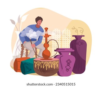 American young male smoking hookah in bar. Traditional oriental, Asian leisure concept. Diverse people relaxing in lounge zone. Flat vector illustration in cartoon style
