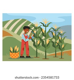 American young man in uniform holding sickle and cutting corn on plantation. Growing and harvesting concept. Corn cultivation. Flat vector illustration in cartoon style